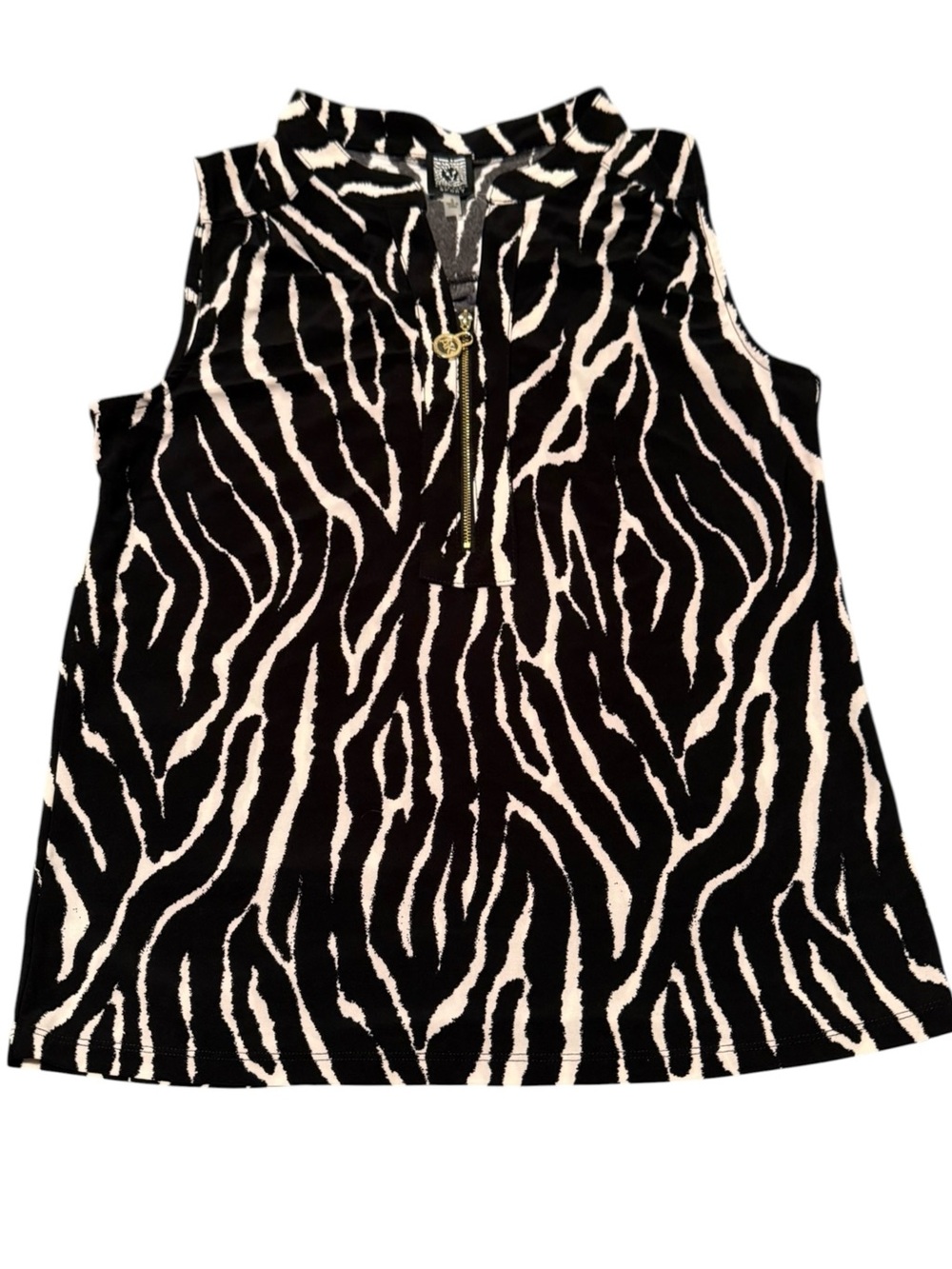 NWT Anne Klein Sport Zebra Print Sleeveless Blouse Quarter Zip Mock Neck Small